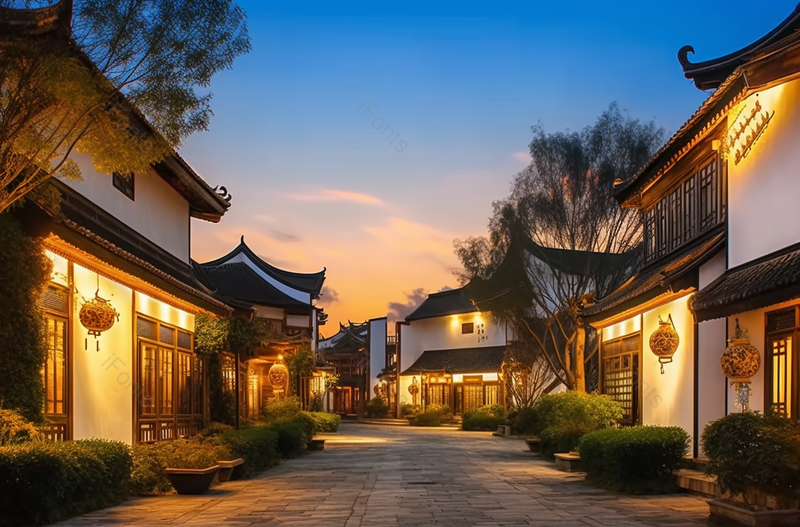 小镇夜景中式传统建筑,高清,摄影图,摄影图片,图片大全,摄影图免费下载